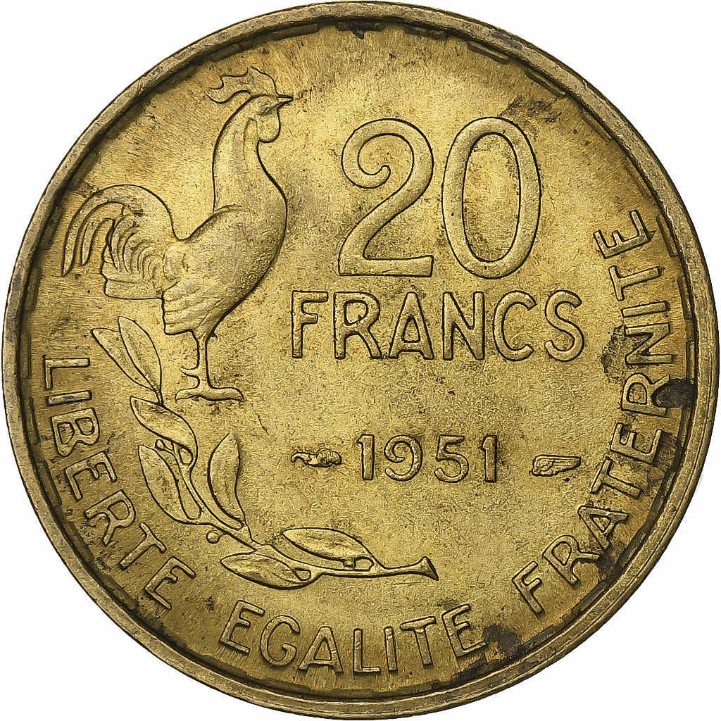 Frankreich, 20 Francs, Guiraud, 1951, Paris, Aluminum-Bronze, SS, KM:917.1