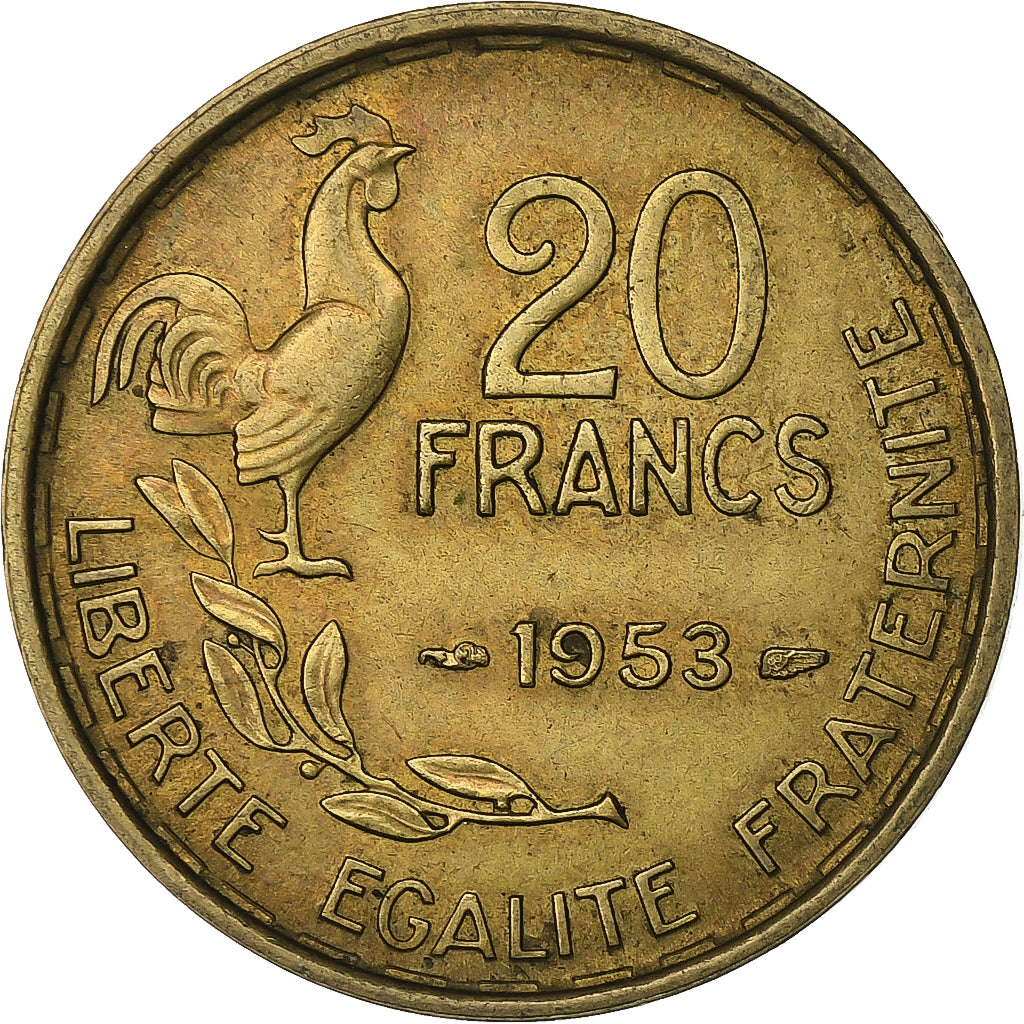França, 20 Francs, Guiraud, 1953, Paris, Alumínio-Bronze, VF(30-35), KM:917.1