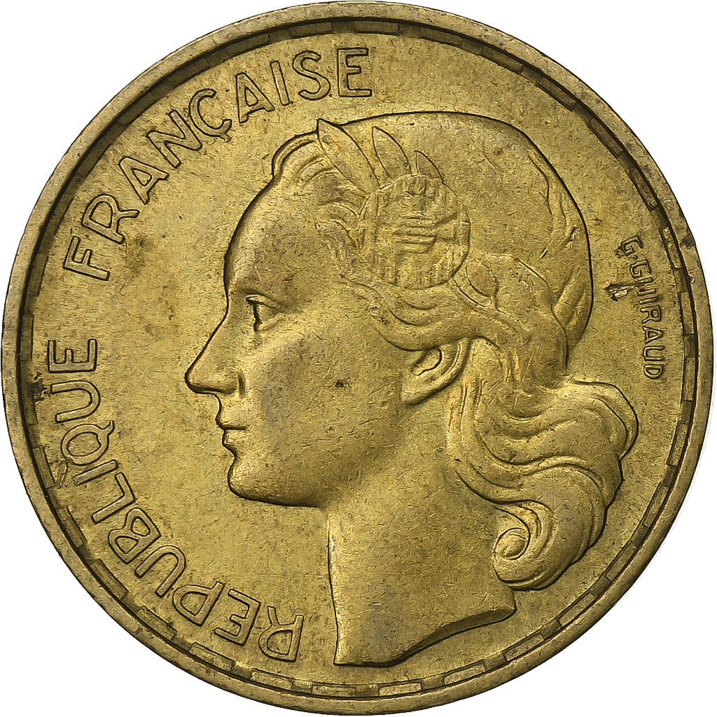 Francia, 20 Francs, Guiraud, 1952, Beaumont - Le Roger, Aluminio - bronce, MBC