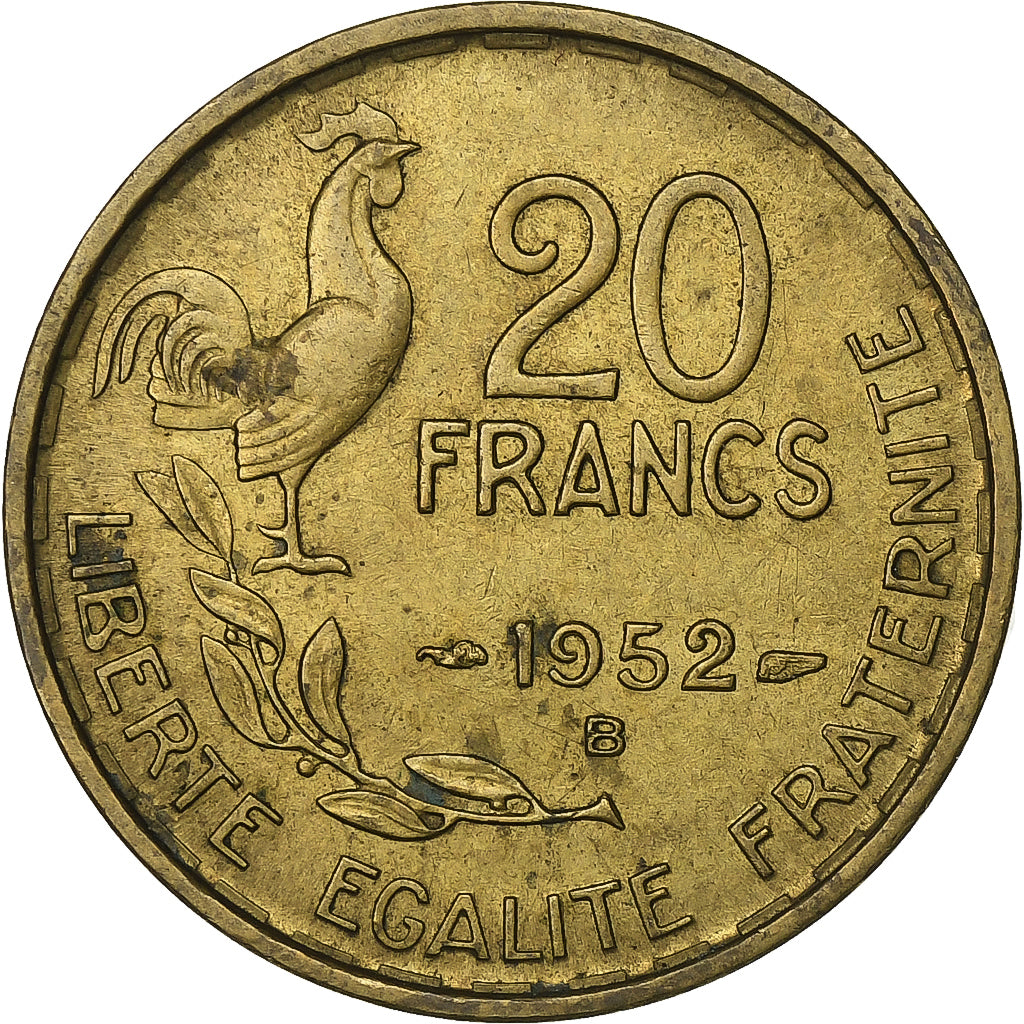 Francia, 20 Francs, Guiraud, 1952, Beaumont - Le Roger, Aluminio - bronce, MBC