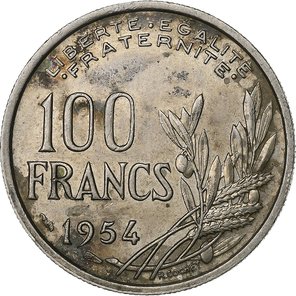 Francia, 100 Francs, Cochet, 1954, Cobre - níquel, BC+, KM:919.1