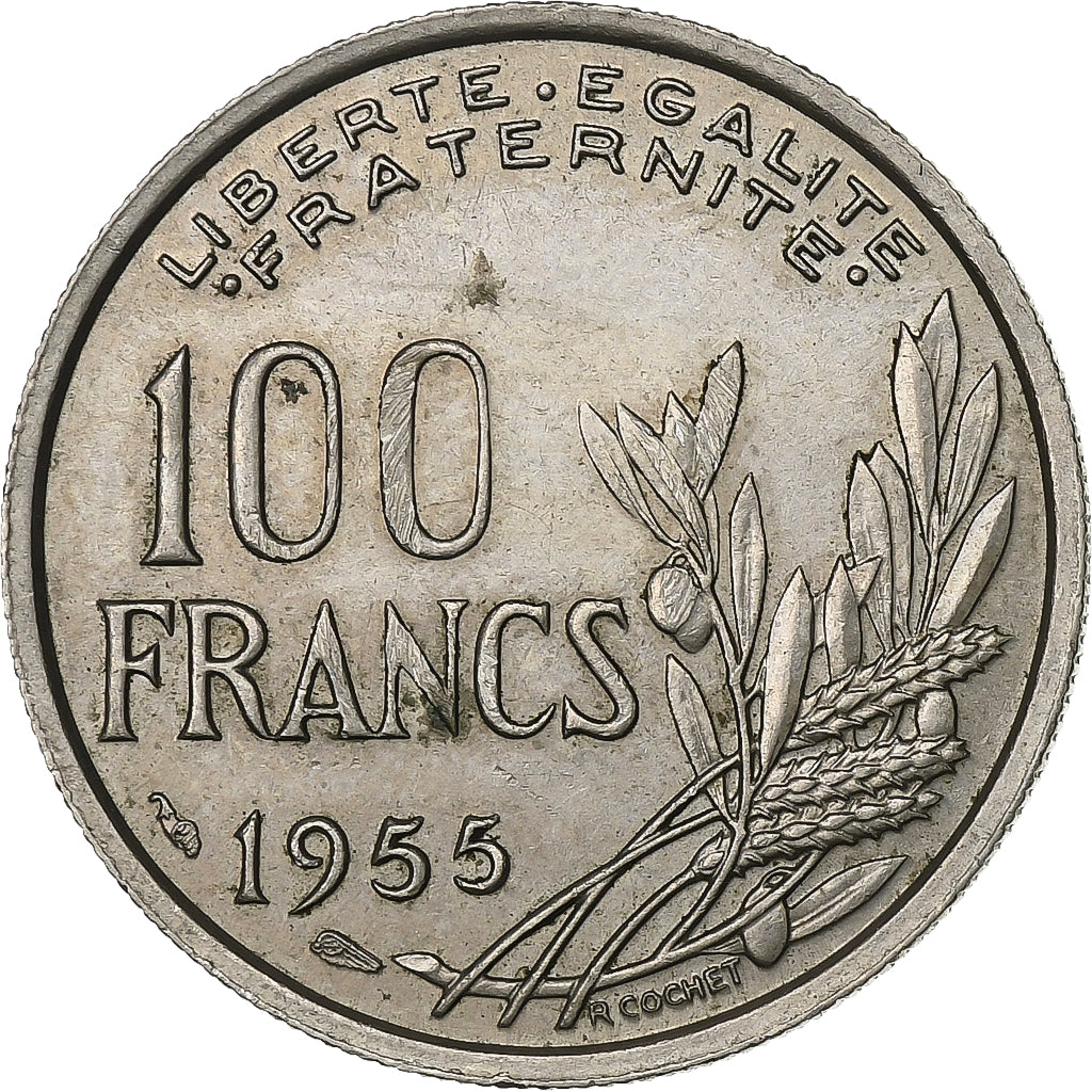 Francia, 100 Francs, Cochet, 1955, Cobre - níquel, MBC, KM:919.1