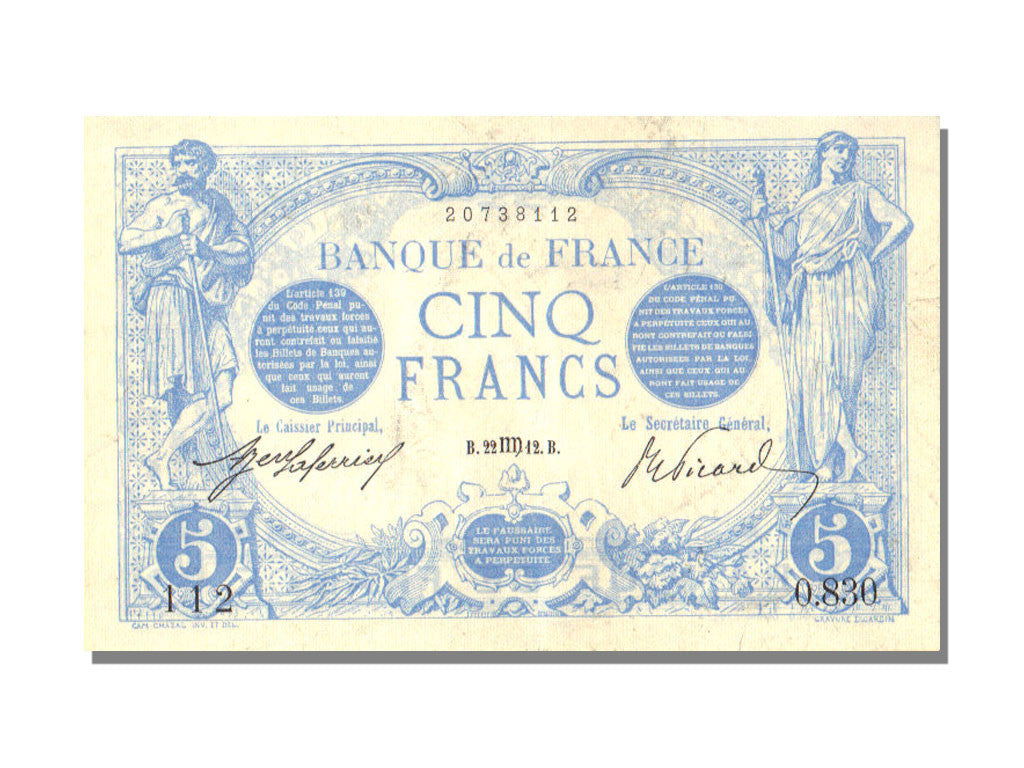 Geldschein, Frankreich, 5 Francs, 5 F 1912-1917 ''Bleu'', 1912, 1912-08-22, VZ+