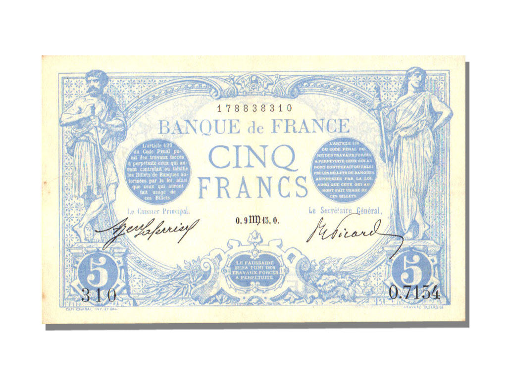 Banknote, France, 5 Francs, 5 F 1912-1917 ''Bleu'', 1915, 1915-08-09