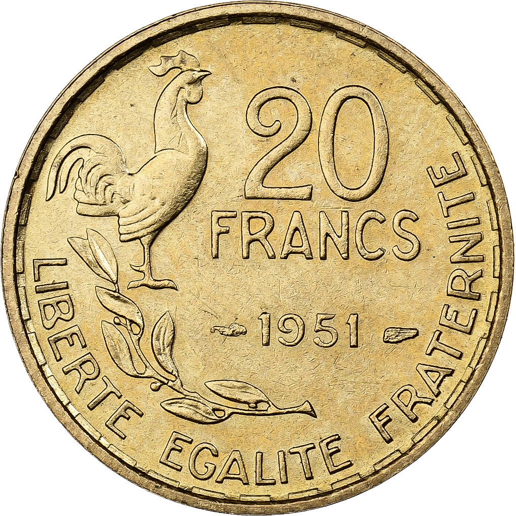 Frankrijk, 20 Francs, Guiraud, 1951, Paris, Aluminum-Bronze, ZF+, KM:917.1