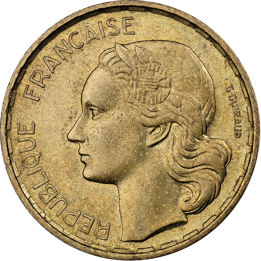 Francia, 20 Francs, Guiraud, 1951, Beaumont - Le Roger, Aluminio - bronce, MBC