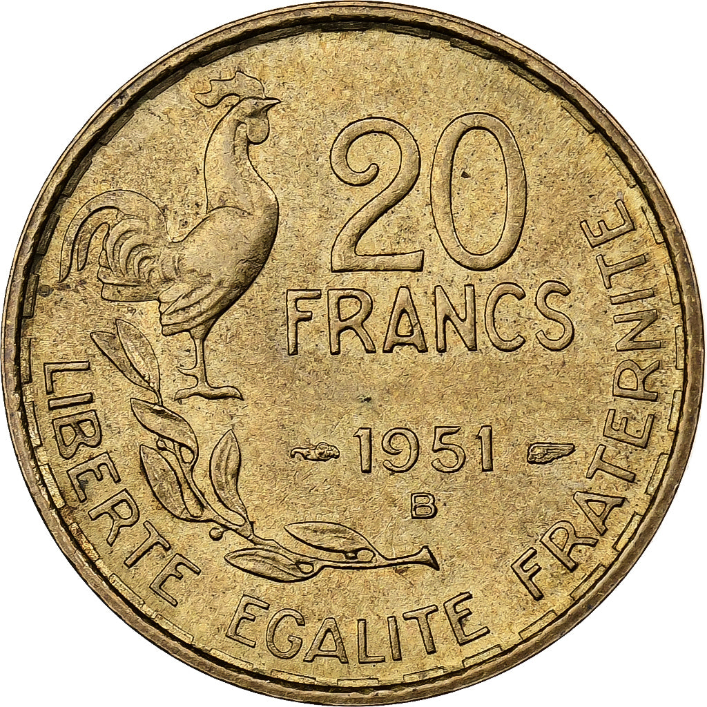 Francia, 20 Francs, Guiraud, 1951, Beaumont - Le Roger, Aluminio - bronce, MBC