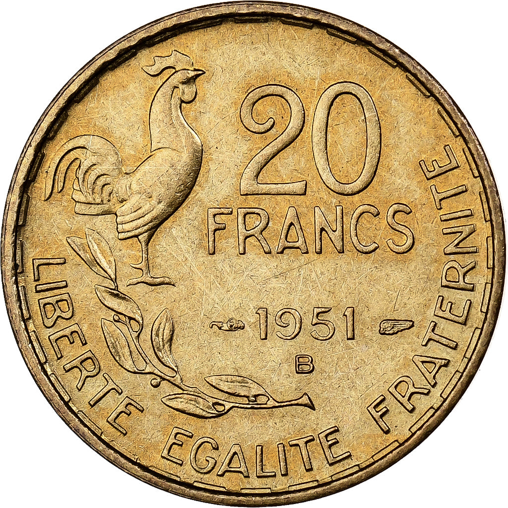 Frankreich, 20 Francs, Guiraud, 1951, Beaumont - Le Roger, Aluminum-Bronze, SS+