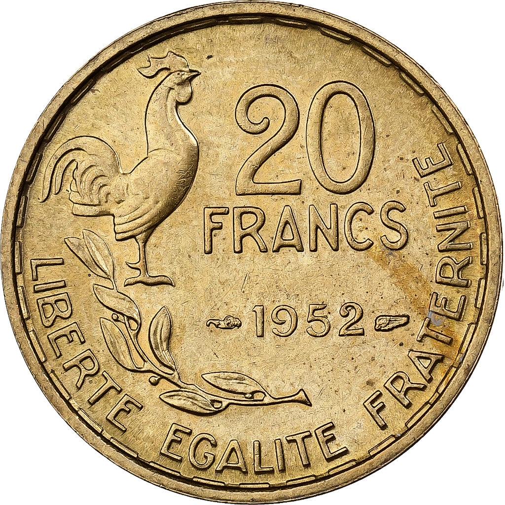 Francia, 20 Francs, Guiraud, 1952, Paris, Aluminio - bronce, EBC, KM:917.1