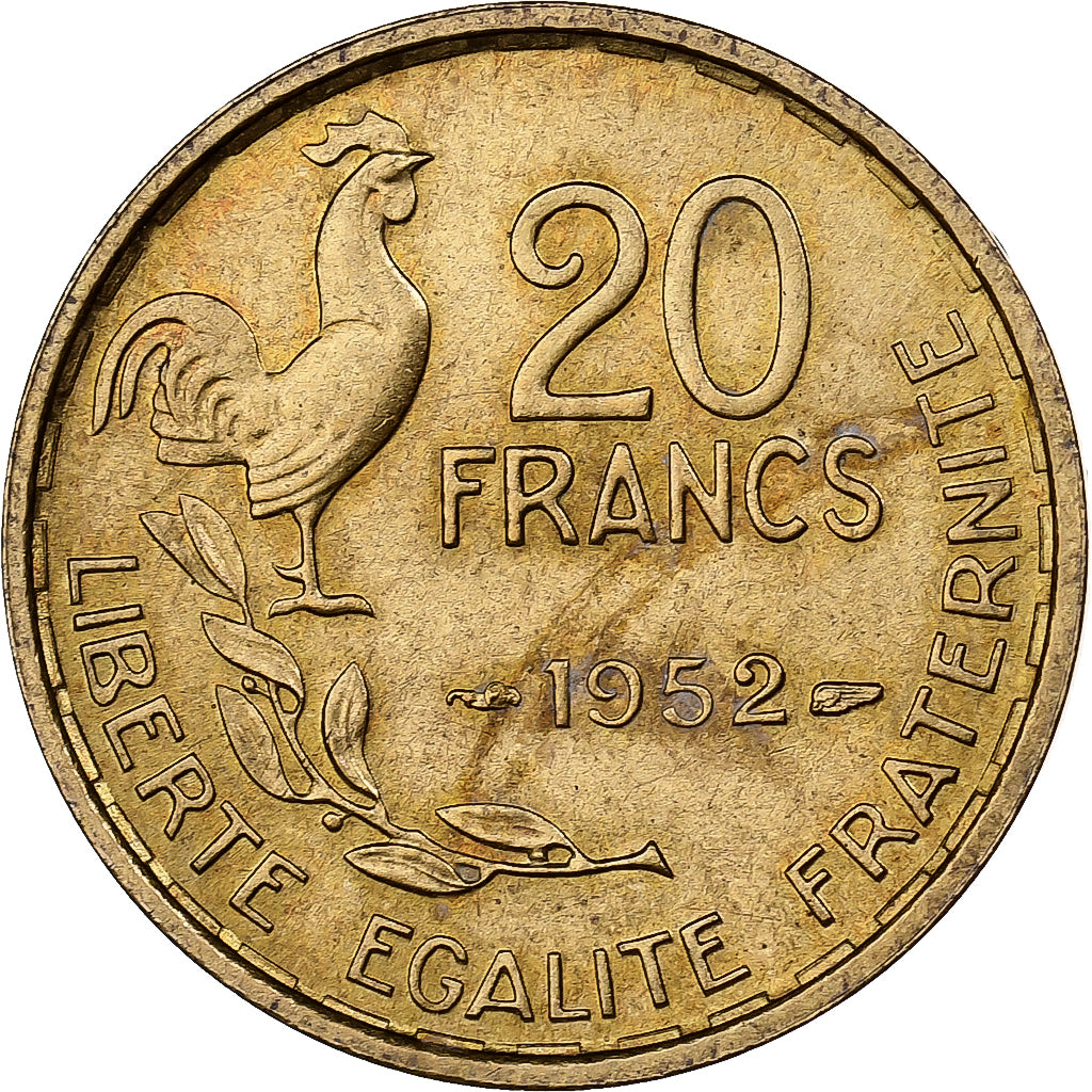 Francia, 20 Francs, Guiraud, 1952, Paris, Aluminio - bronce, MBC, KM:917.1