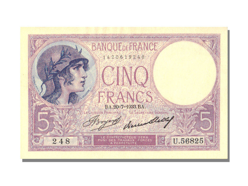 Biljet, Frankrijk, 5 Francs, 5 F 1917-1940 ''Violet'', 1933, 1933-07-20, SUP+