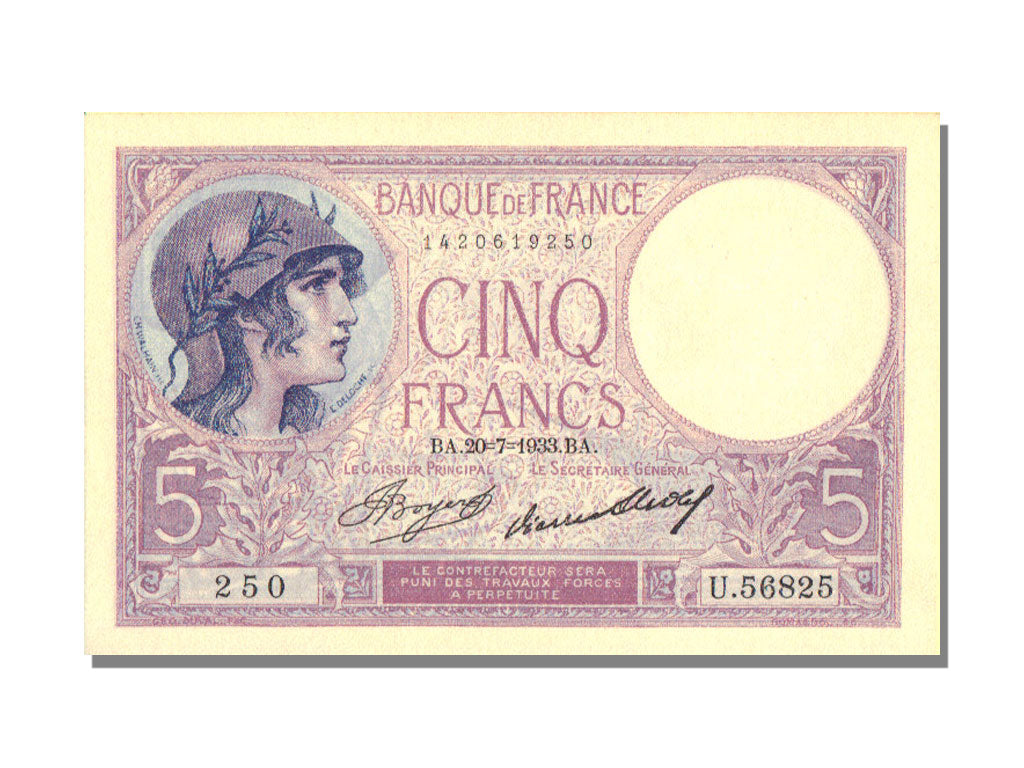 Biljet, Frankrijk, 5 Francs, 5 F 1917-1940 ''Violet'', 1933, 1933-07-20, SUP+