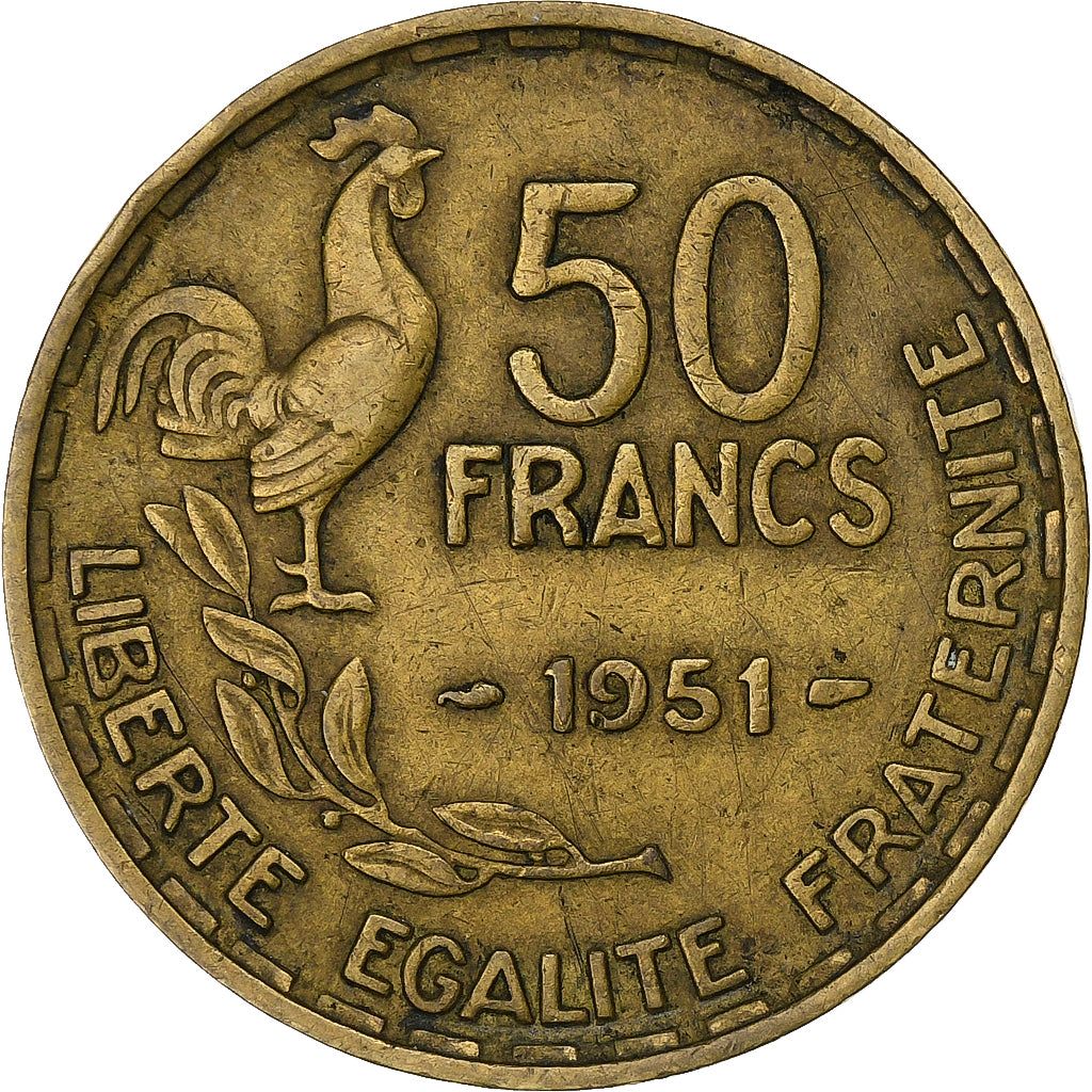 França, 50 Francs, Guiraud, 1951, Paris, Alumínio-Bronze, VF(30-35), KM:918.1