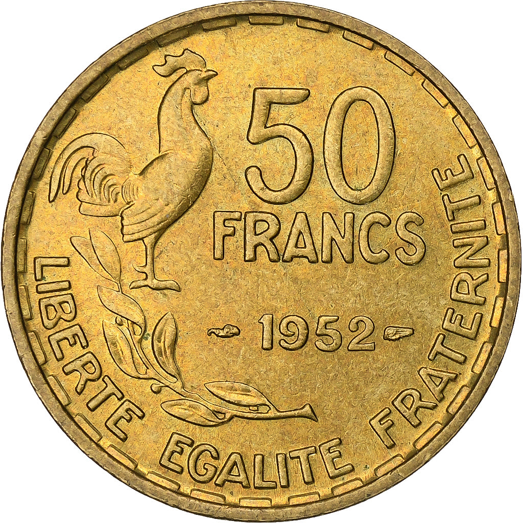 França, 50 Francs, Guiraud, 1952, Paris, Alumínio-Bronze, AU(55-58), KM:918.1
