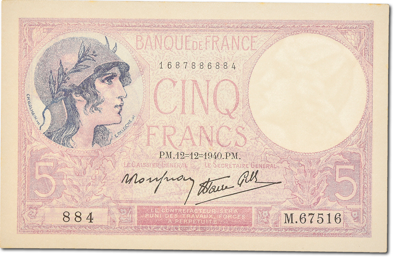 Banknote, France, 5 Francs, 5 F 1917-1940 ''Violet'', 1940, 1940-12-12