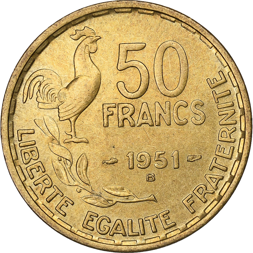 França, 50 Francs, Guiraud, 1951, Beaumont - Le Roger, Alumínio-Bronze