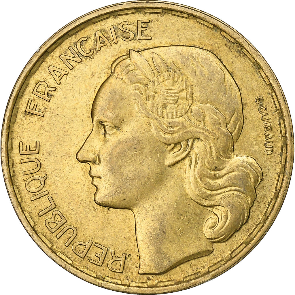 Francia, 20 Francs, Guiraud, 1952, Paris, Aluminio - bronce, MBC, KM:917.1