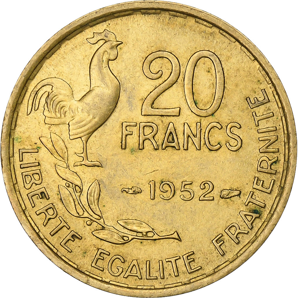 Francia, 20 Francs, Guiraud, 1952, Paris, Aluminio - bronce, MBC, KM:917.1