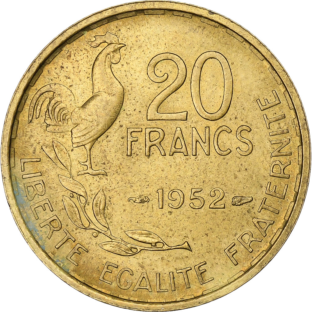 Francia, 20 Francs, Guiraud, 1952, Paris, Alluminio-bronzo, BB, KM:917.1