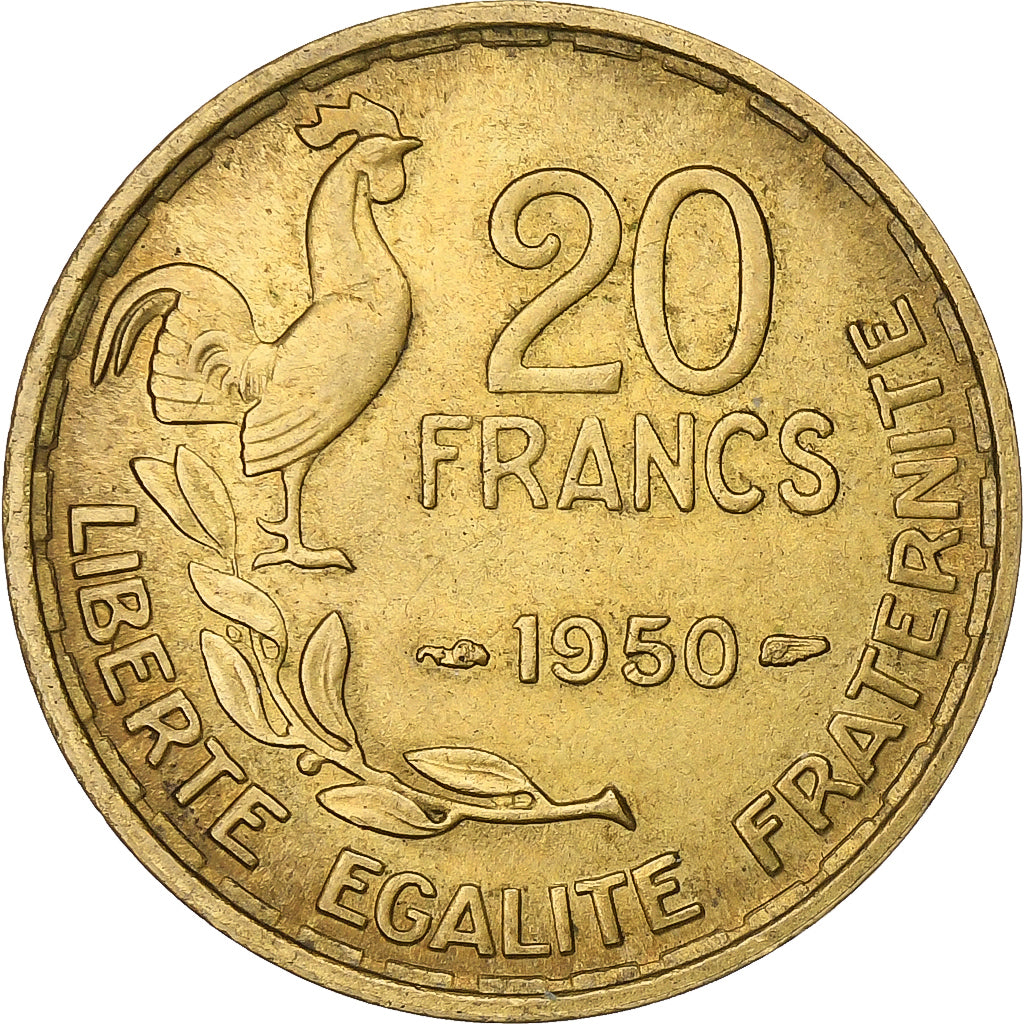 Francia, 20 Francs, Guiraud, 1950, Paris, Alluminio-bronzo, BB, KM:916.1