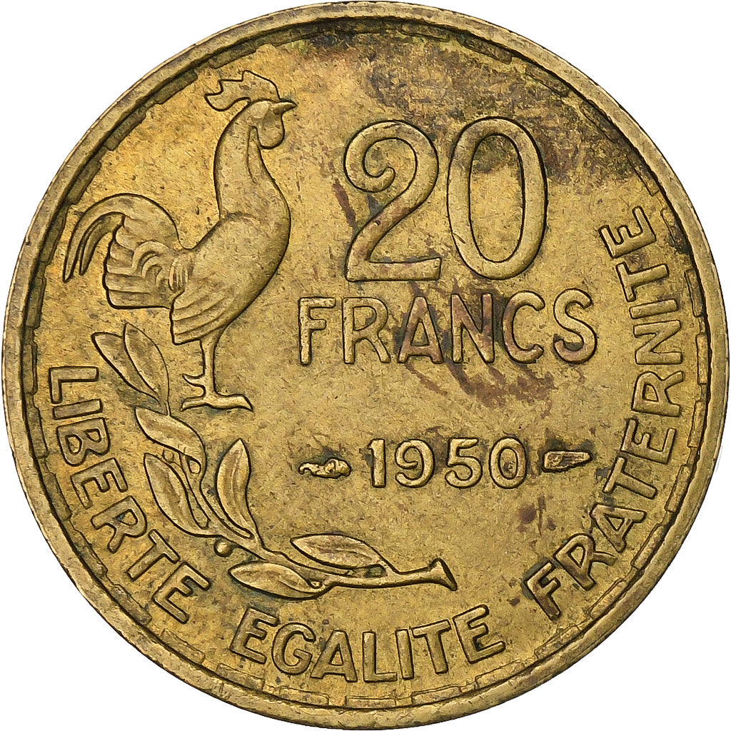 Francia, 20 Francs, Guiraud, 1950, Paris, Alluminio-bronzo, MB+, KM:916.1