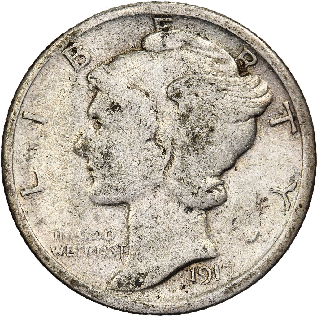 États-Unis, Dime, Mercury Dime, 1917, Philadelphie, Argent, TB+, KM:140