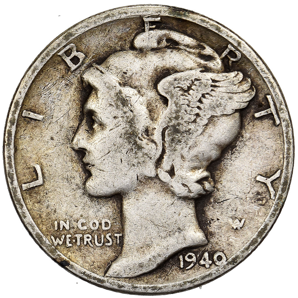 Estados Unidos da América, Dime, Mercury Dime, 1940, Philadelphia, Prata