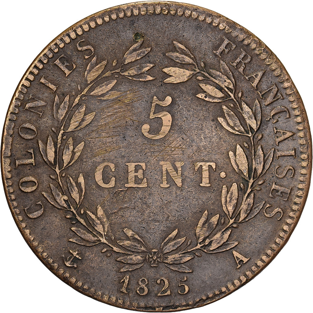 COLONIAS FRANCESAS, Charles X, 5 Centimes, 1825, Paris, Bronce, MBC, KM:10.1