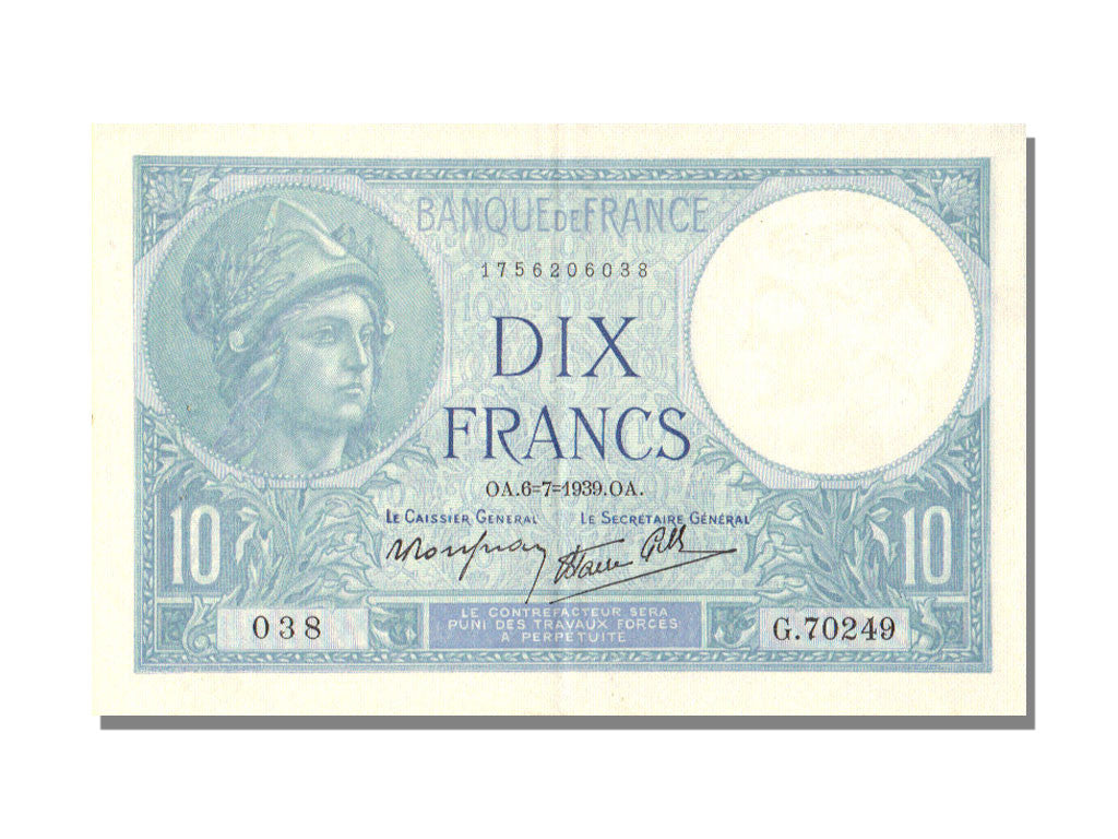 Geldschein, Frankreich, 10 Francs, 10 F 1916-1942 ''Minerve'', 1939, 1939-07-06
