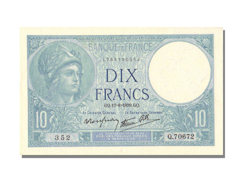 Billet, France, 10 Francs, 10 F 1916-1942 ''Minerve'', 1939, 1939-08-17, SPL+