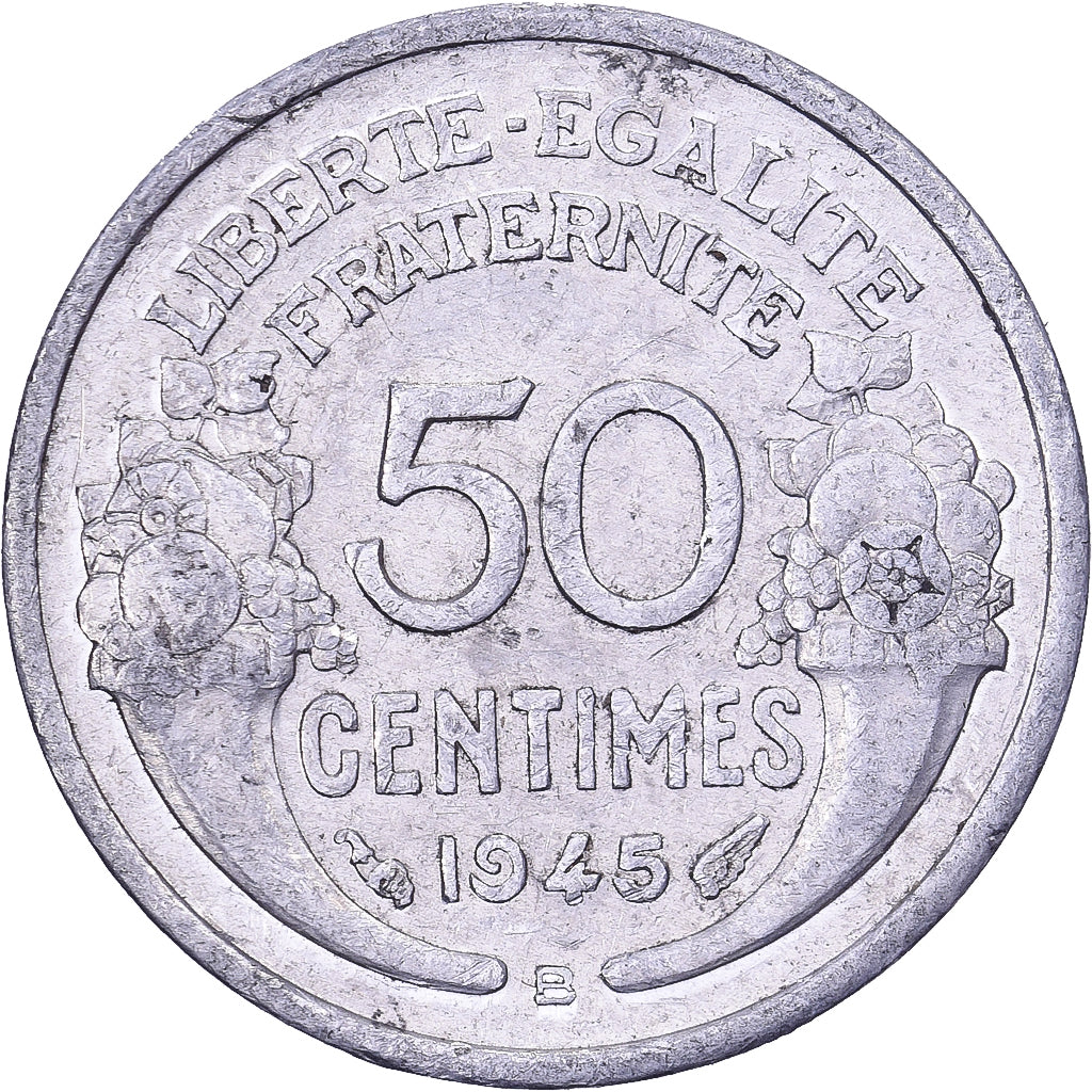 France, 50 Centimes, Morlon, 1945, Beaumont - Le Roger, Aluminum, AU(50-53)
