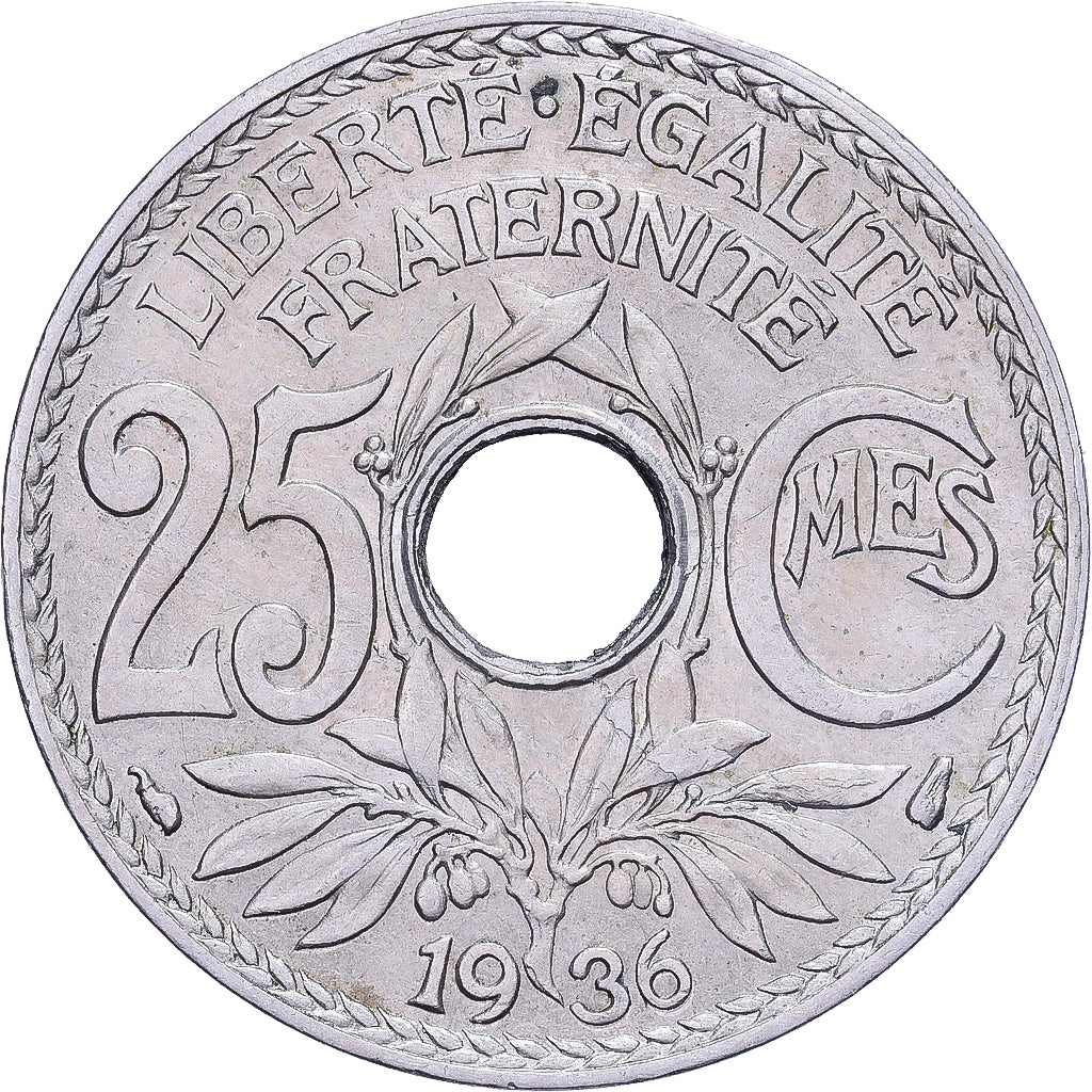 França, 25 Centimes, Lindauer, 1936, Cobre-níquel, AU(50-53), KM:867a