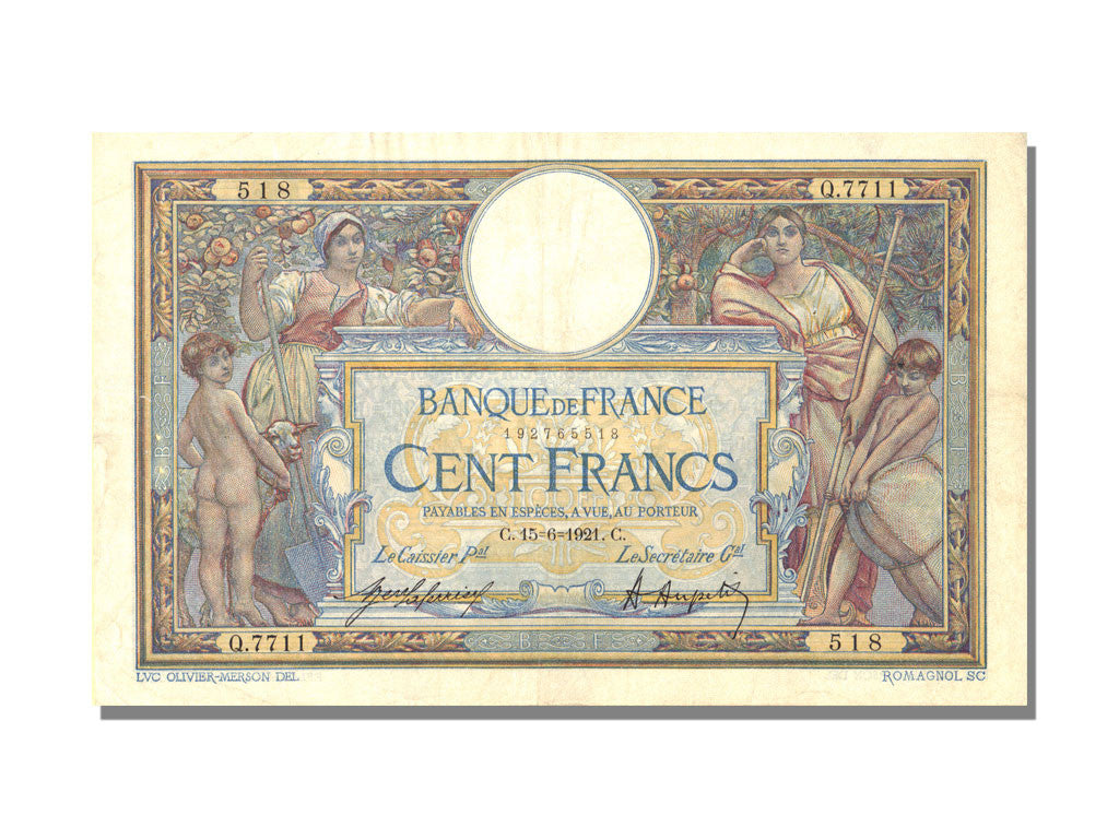 Banknote, France, 100 Francs, 100 F 1908-1939 ''Luc Olivier Merson'', 1921