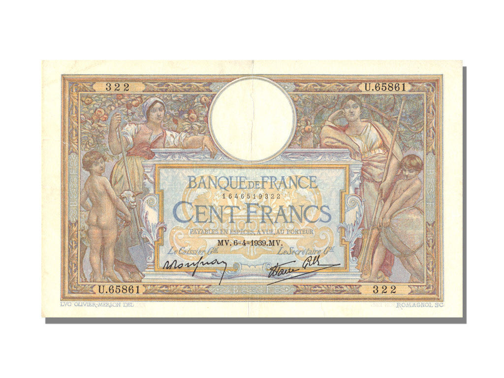 Banconote, Francia, 100 Francs, 100 F 1908-1939 ''Luc Olivier Merson'', 1939