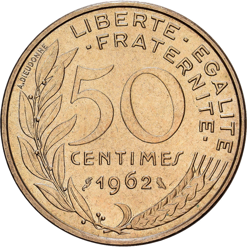 Francja, 50 Centimes, Marianne, 1962, Aluminium-Brąz, AU(55-58), KM:939.1