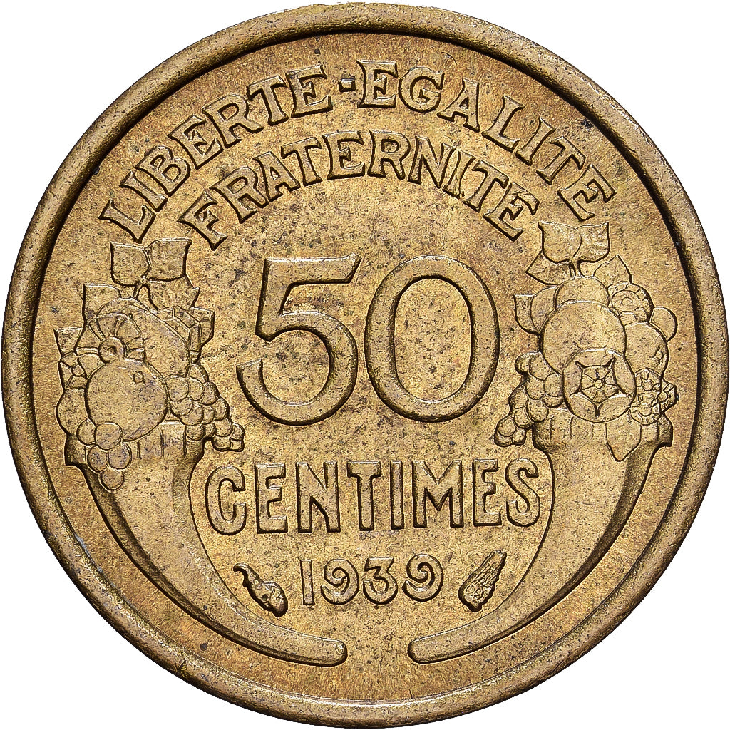 Francia, 50 Centimes, Morlon, 1939, Aluminio - bronce, MBC, KM:894.1