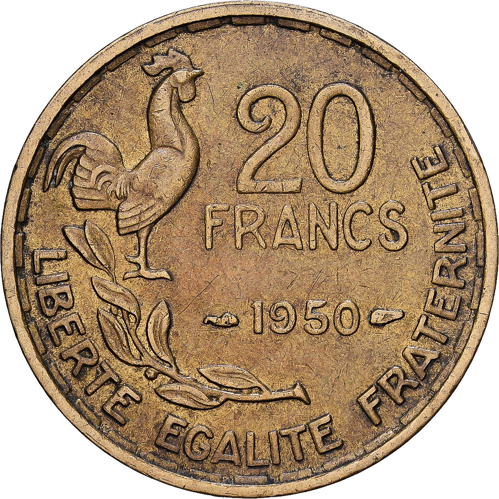 Francia, 20 Francs, Guiraud, 1950, Paris, Aluminio - bronce, MBC, KM:917.1