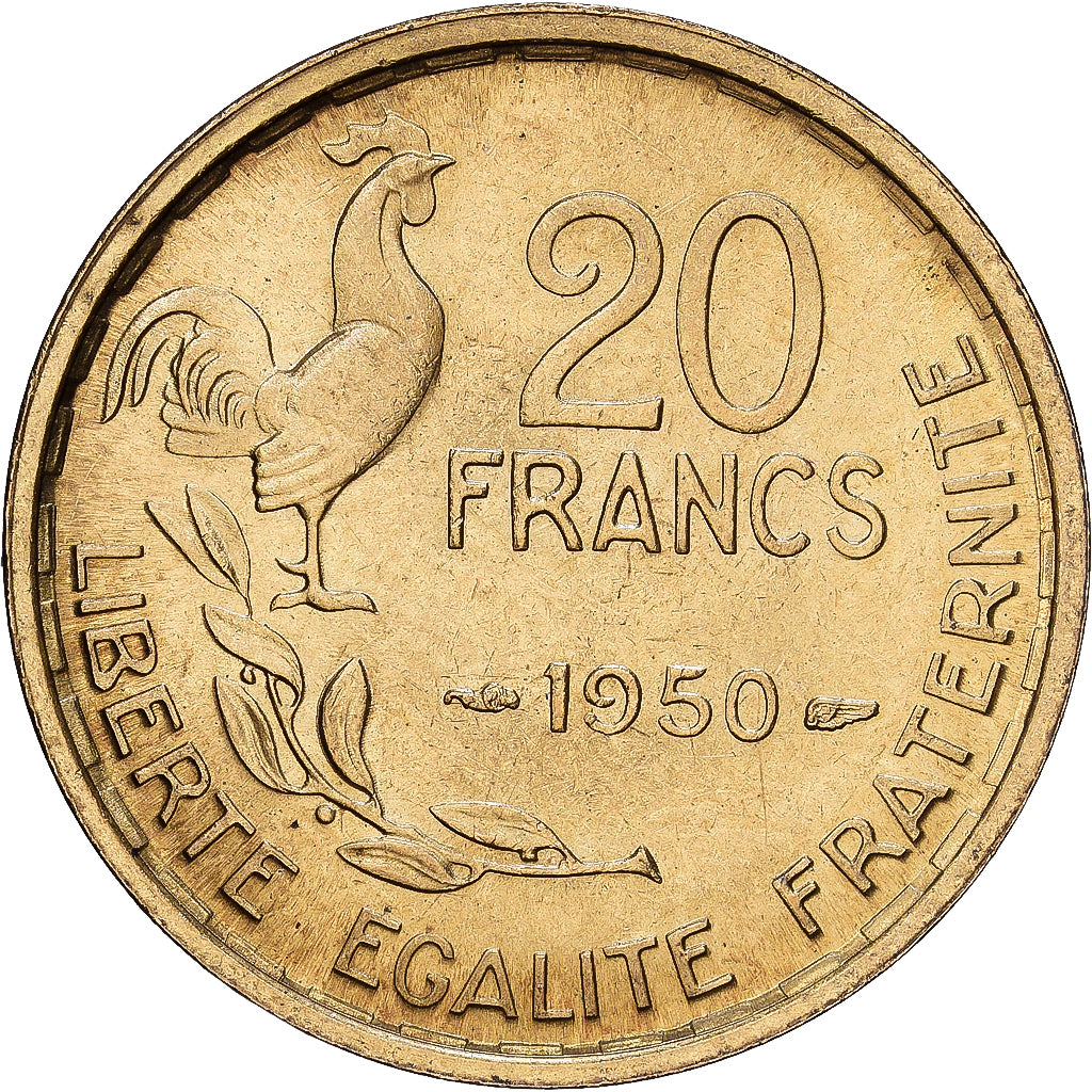 Francia, 20 Francs, Guiraud, 1950, Paris, Aluminio - bronce, MBC+, KM:917.1