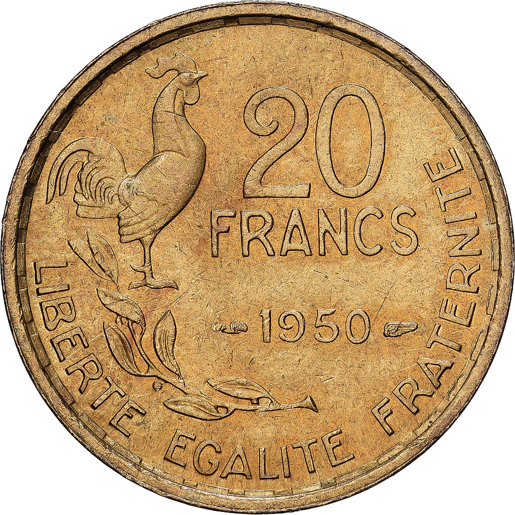 France, 20 Francs, Guiraud, 1950, Paris, Aluminum-Bronze, AU(50-53), KM:917.1