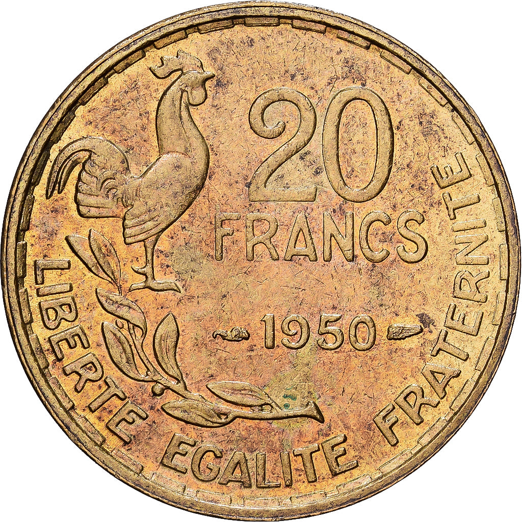 Francia, 20 Francs, Guiraud, 1950, Paris, Alluminio-bronzo, BB, KM:917.1