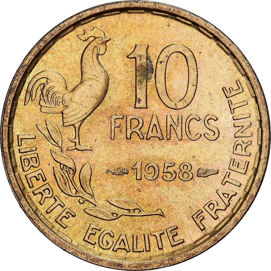 Francia, 10 Francs, Guiraud, 1958, Paris, Alluminio-bronzo, BB+, KM:915.1