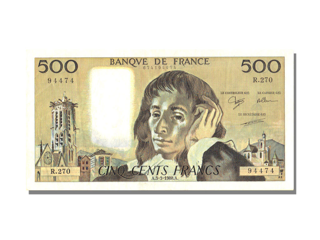 Banconote, Francia, 500 Francs, 500 F 1968-1993 ''Pascal'', 1988, 1988-03-03