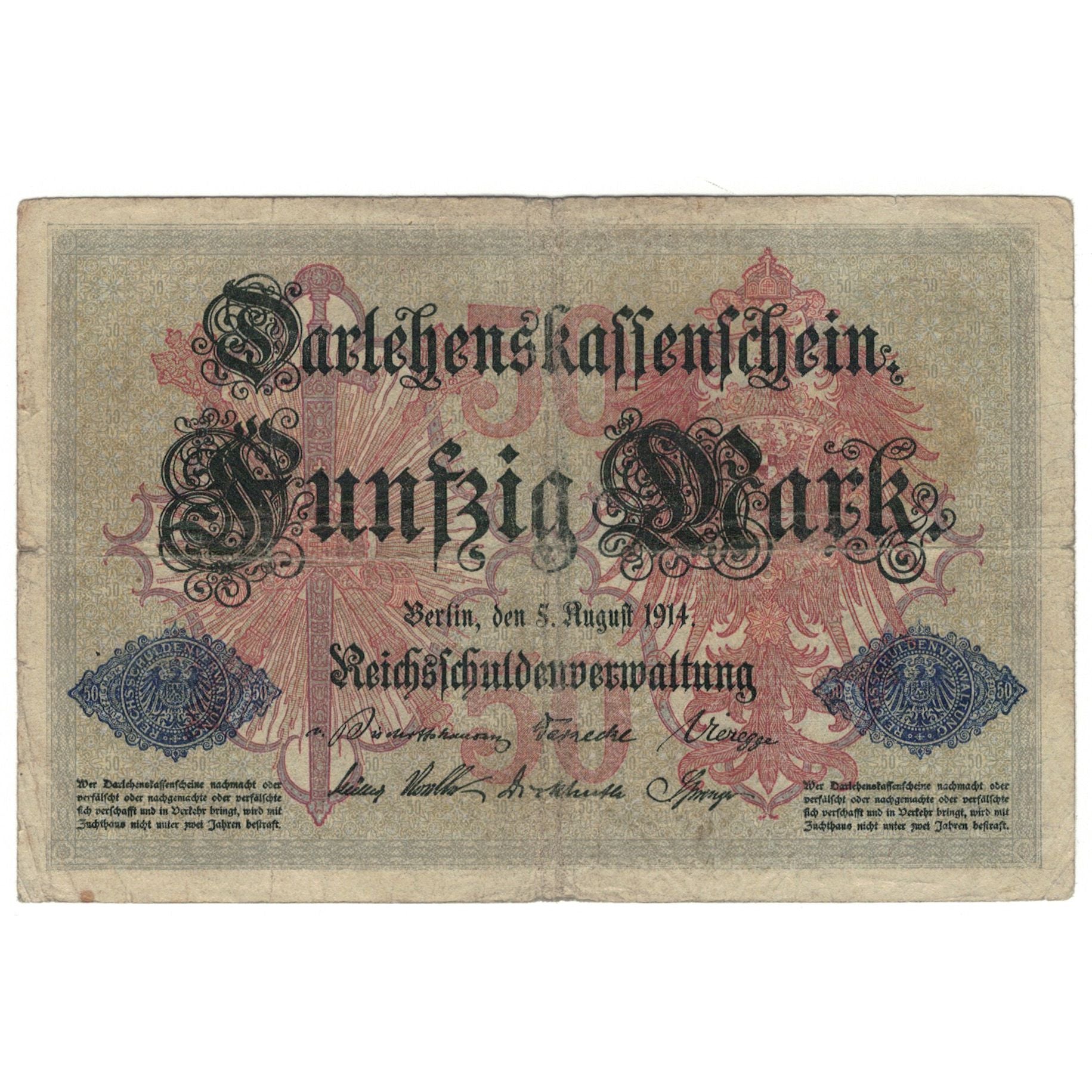 Nota, Alemanha, 50 Mark, 1914, 1914-08-05, KM:49a, VF(20-25)