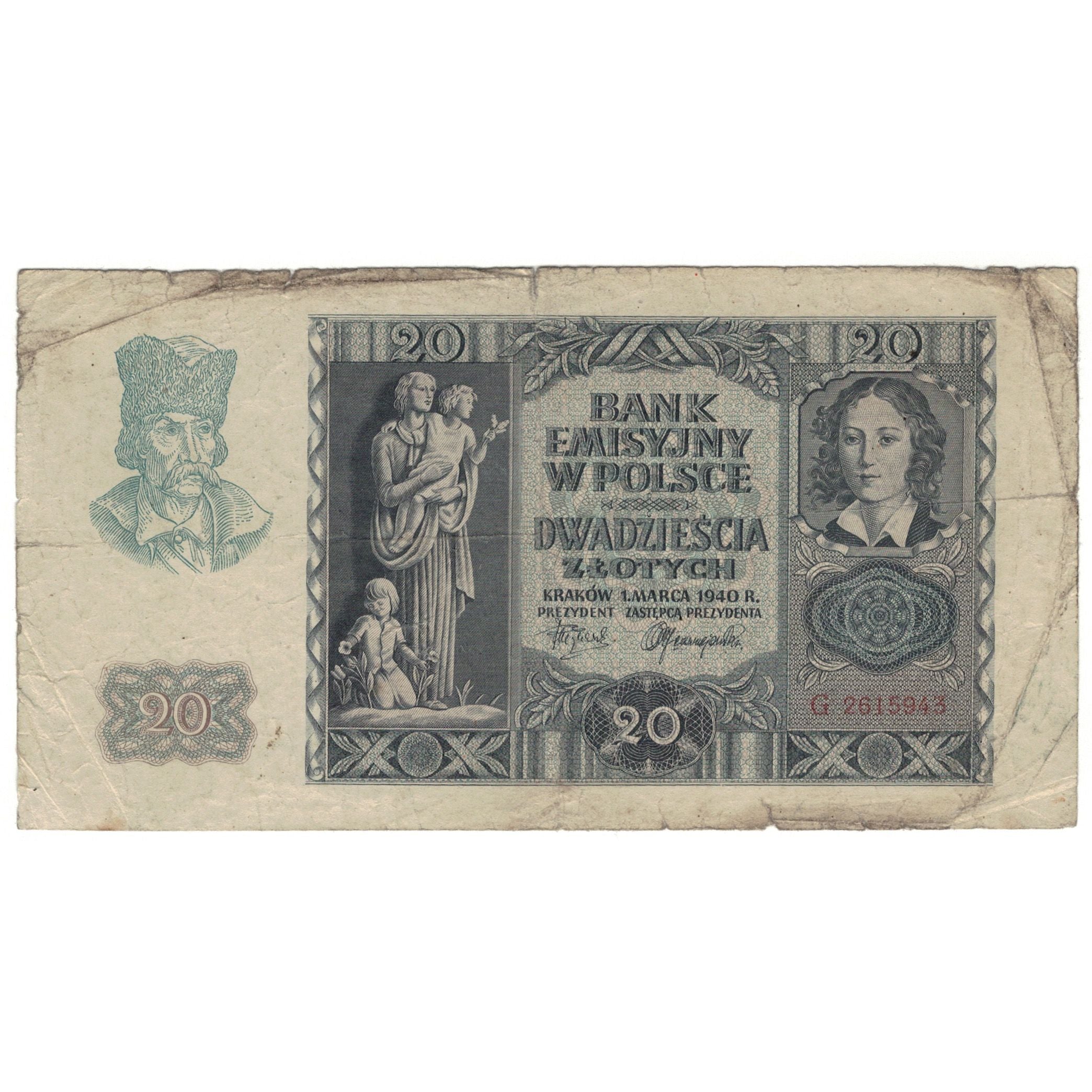 Banknote, Poland, 20 Zlotych, 1940, 1940-03-01, KM:95, VF(20-25)
