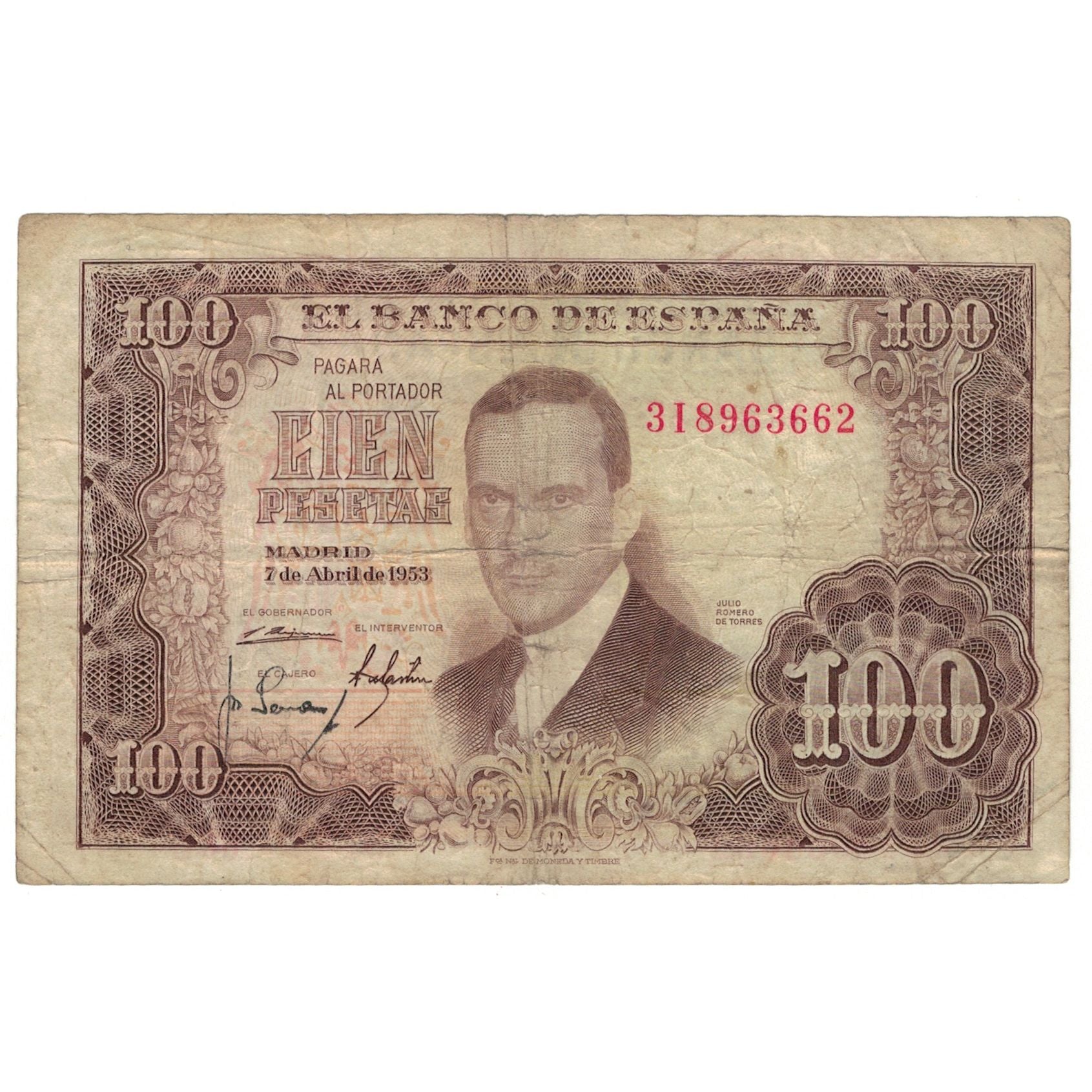 Nota, Espanha, 100 Pesetas, 1953, 1953-04-07, KM:145a, VG(8-10)
