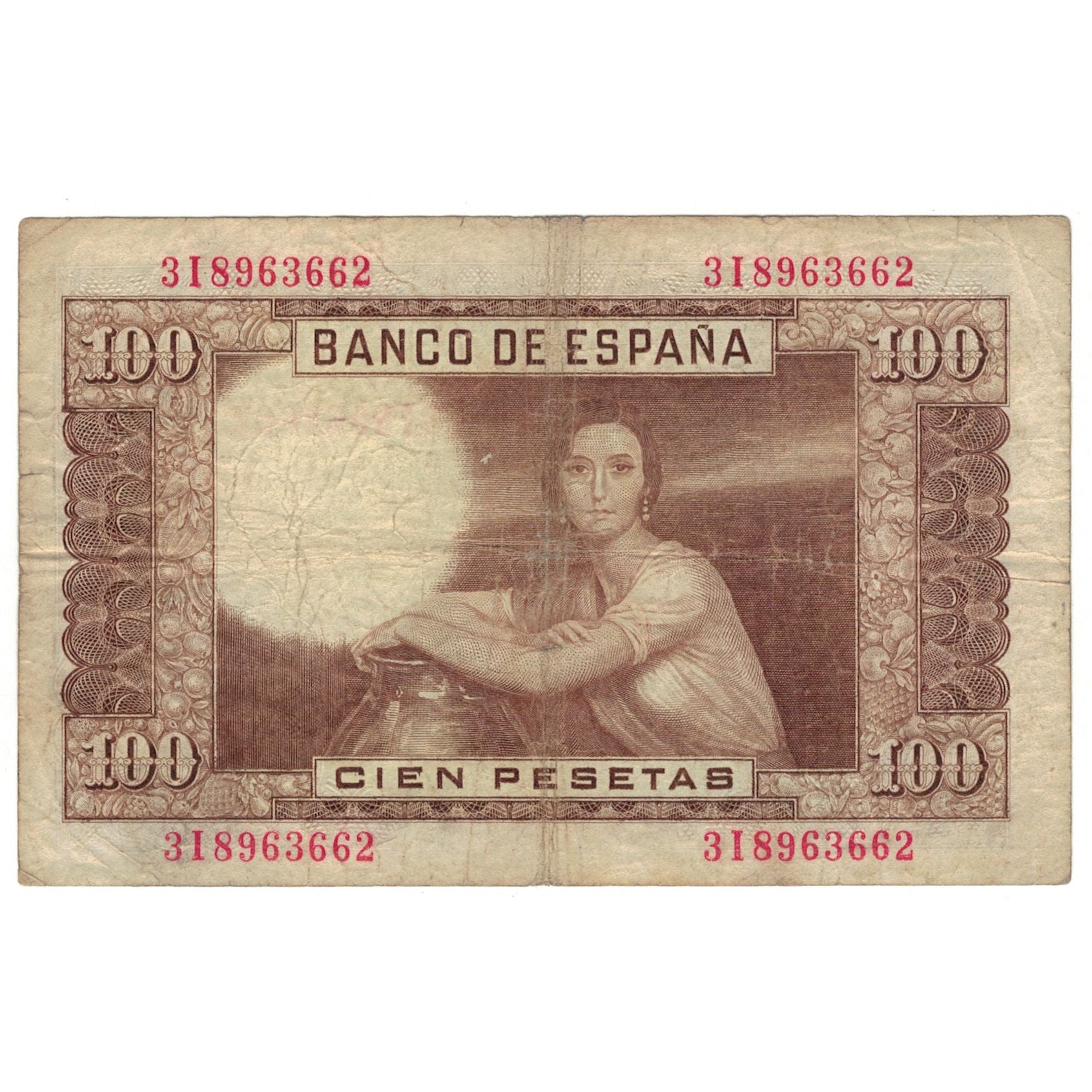 Nota, Espanha, 100 Pesetas, 1953, 1953-04-07, KM:145a, VG(8-10)