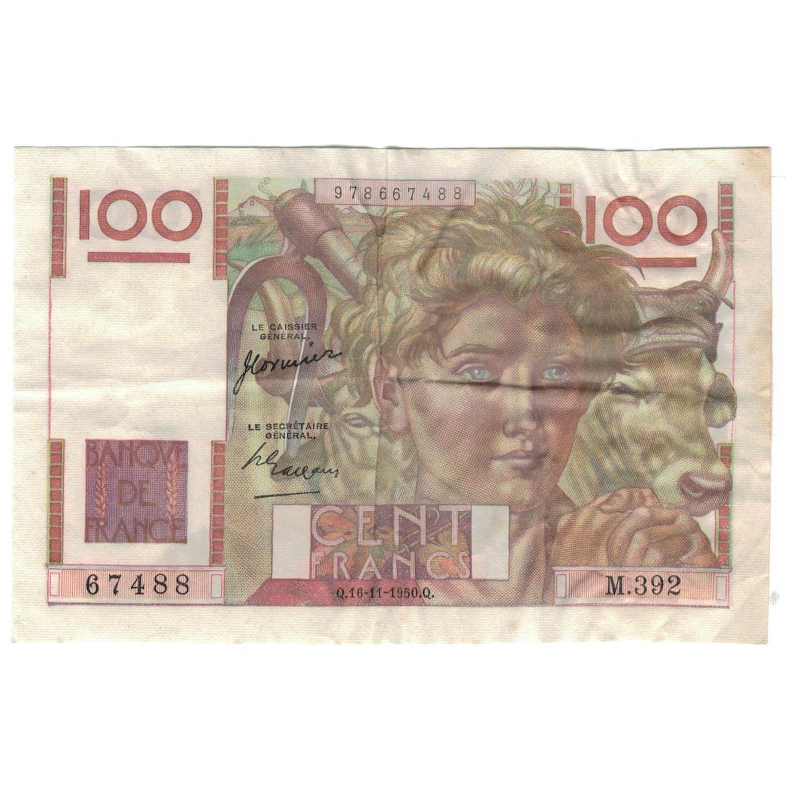 Frankreich, 100 Francs, Jeune Paysan, 1950, M.392, S+, Fayette:28.28, KM:128c