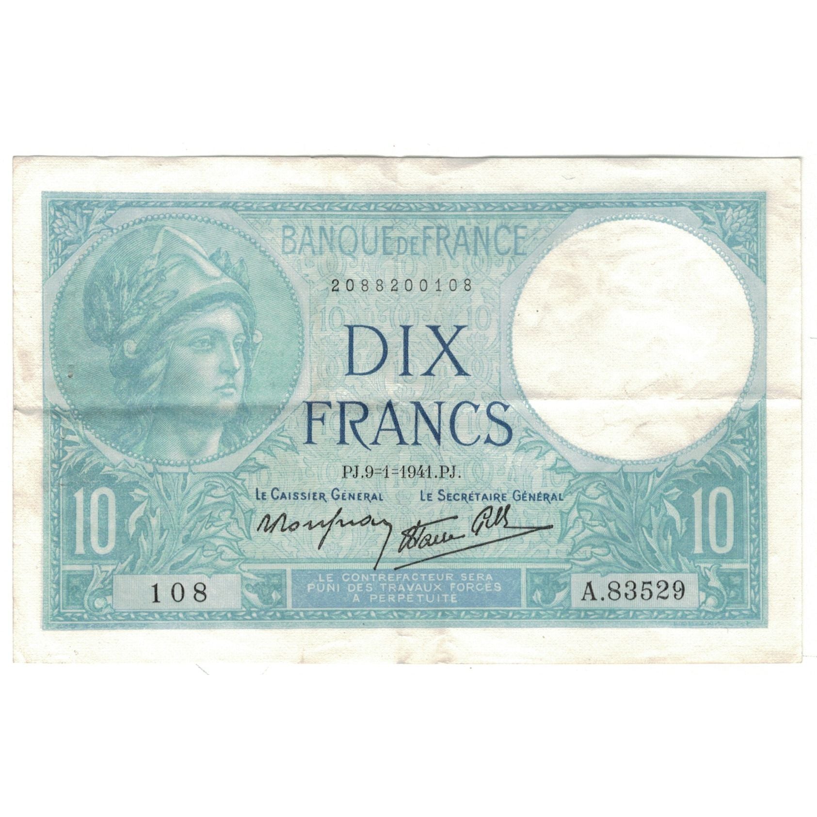 Francia, 10 Francs, Minerve, 1941, A.83529, MBC+, Fayette:7.27, KM:84