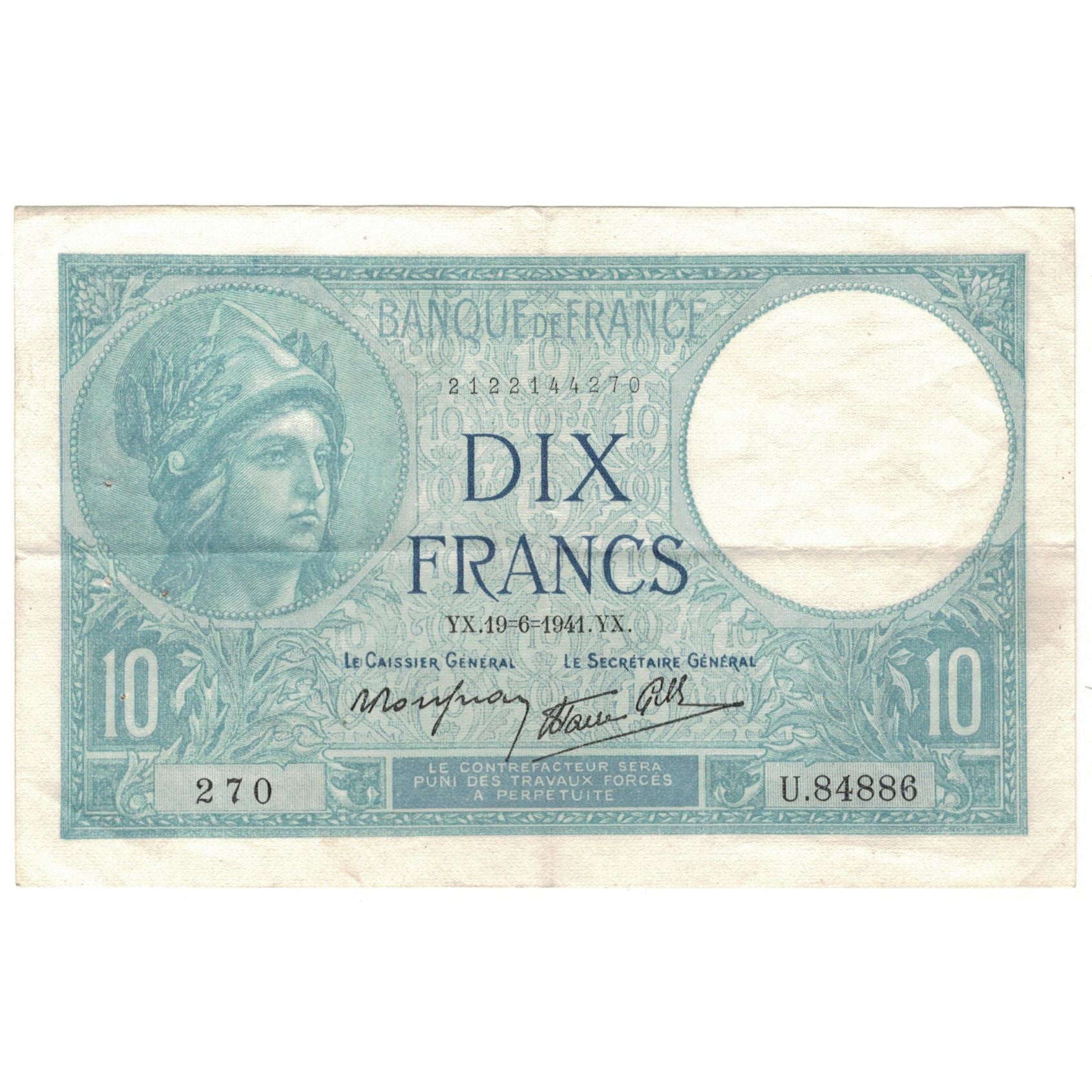 Francia, 10 Francs, Minerve, 1941, U.84886, MBC, Fayette:7.29, KM:84