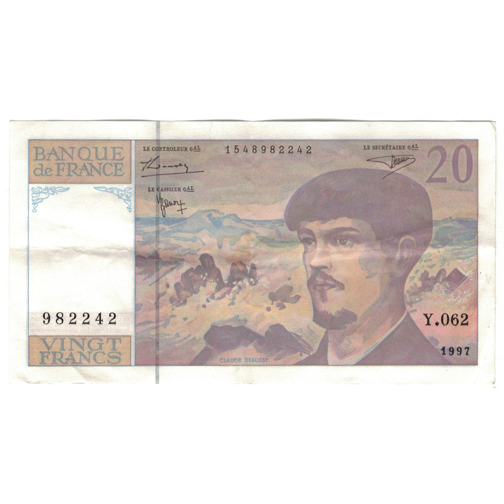 France, 20 Francs, Debussy, 1997, Y.062, TTB+, Fayette:66 ter.2, KM:151i